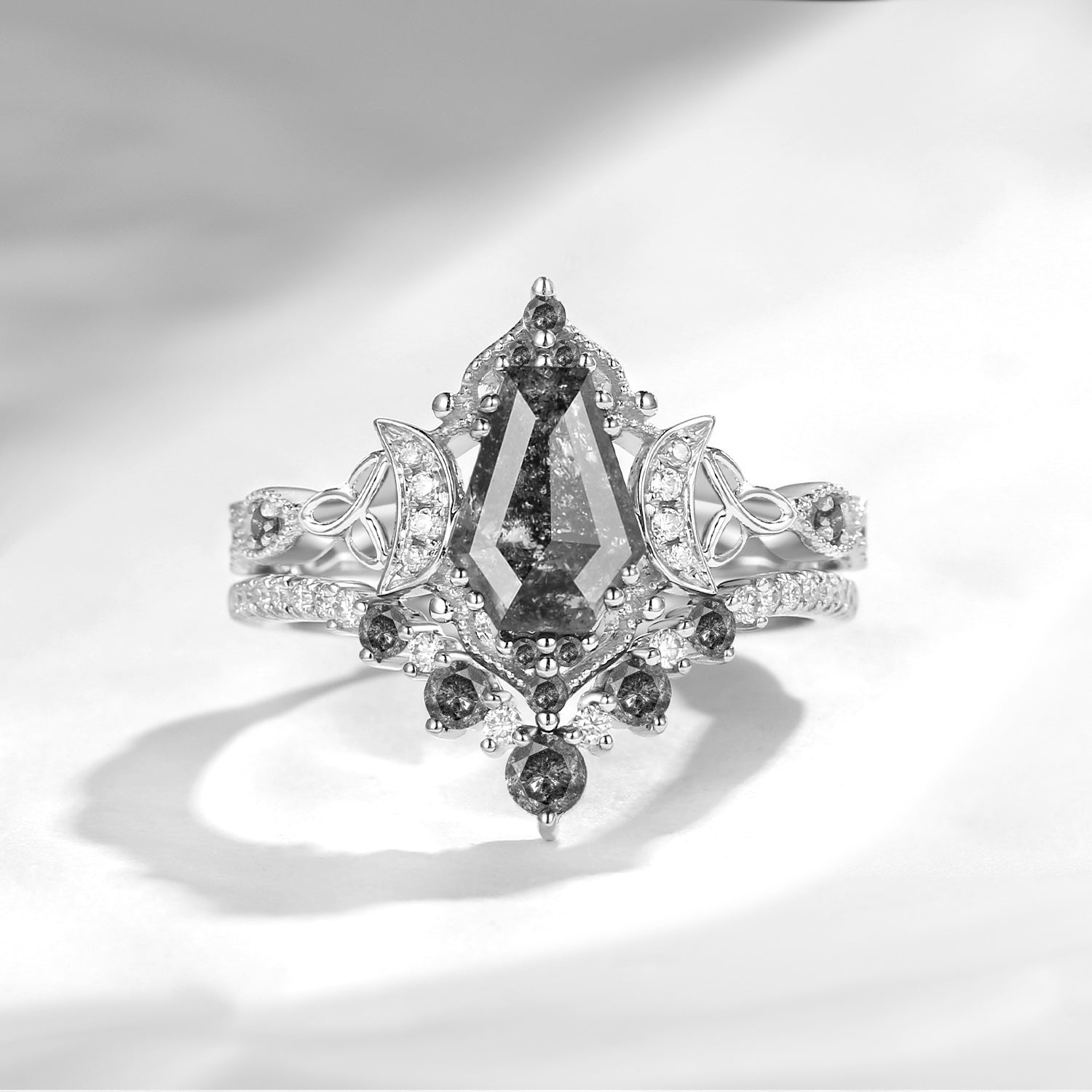 Crescent Moon | Unique Coffin Cut Salt And Pepper Diamond Infinity Celtic Engagement Ring Set 2pcs