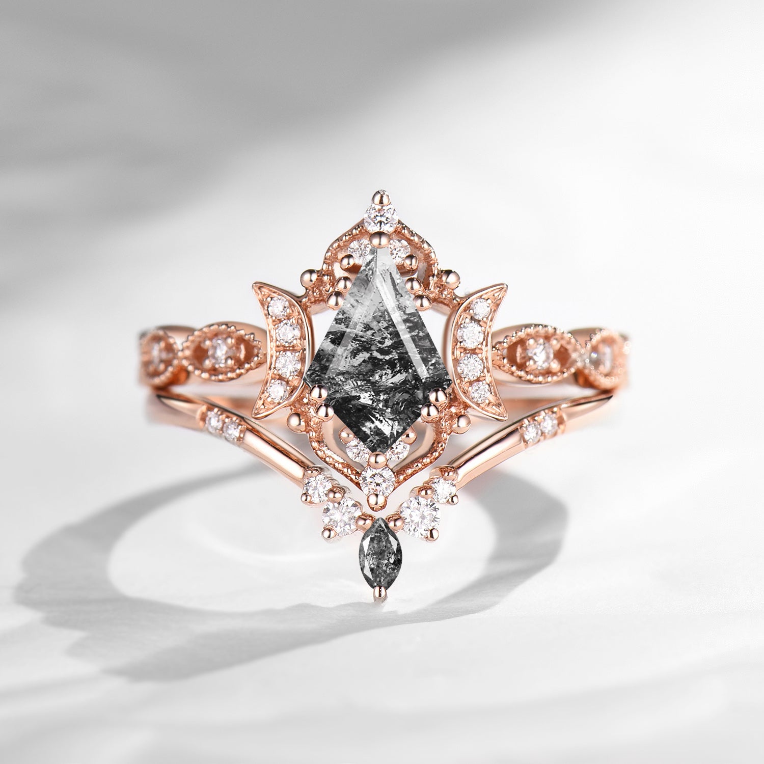 Crescent Moon | Unique Kite Cut Herkimer Diamond Engagement Ring Set 2pcs - Luna