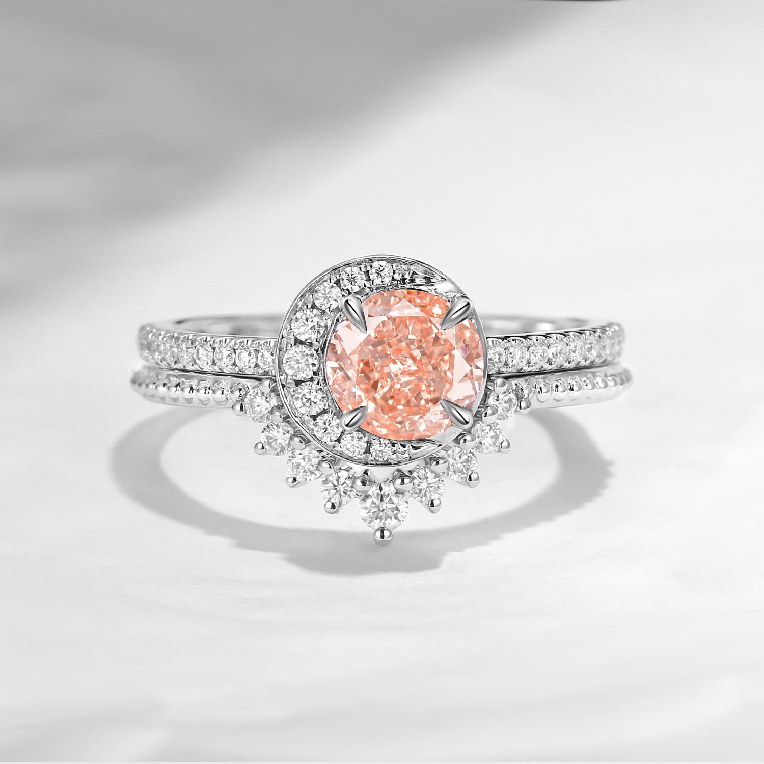 Crescent Moon | Unique Pink Lab Diamond Engagement Ring Set 2pcs - Full Moon