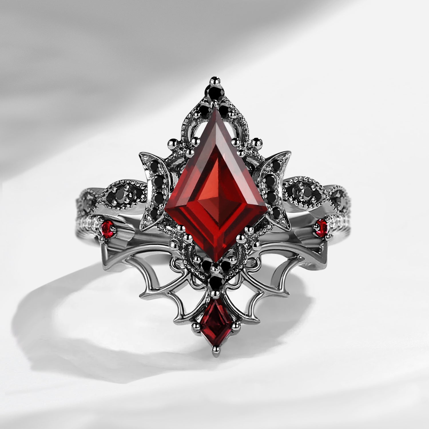 Crescent Moon | Vintage Inspired Kite Cut Garnet Black Gold Engagement Ring Set 2pcs