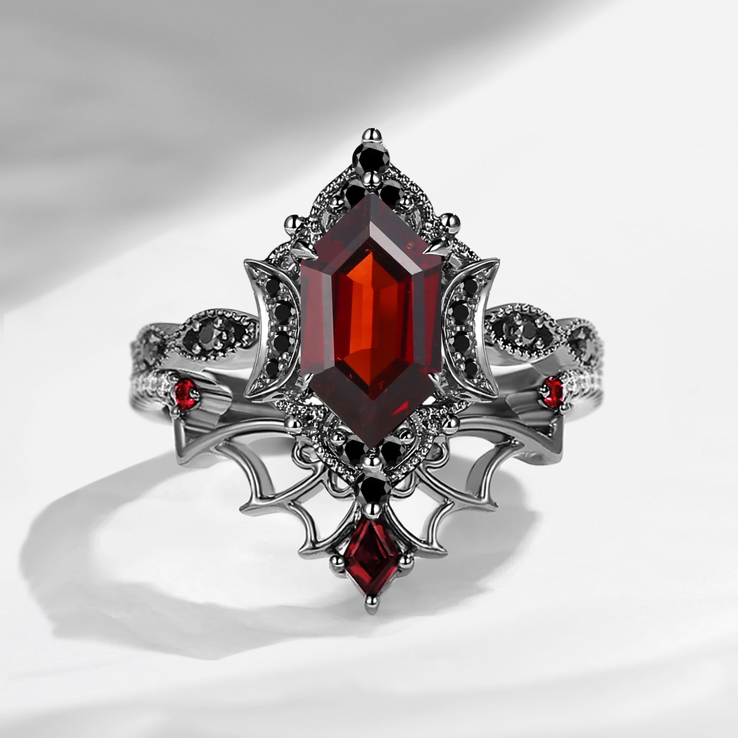 Crescent Moon | Vintage Inspired Long Hexagon Cut Garnet Black Gold Engagement Ring Set 2pcs