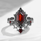 Crescent Moon | Vintage Inspired Long Hexagon Cut Garnet Black Gold Engagement Ring Set 2pcs