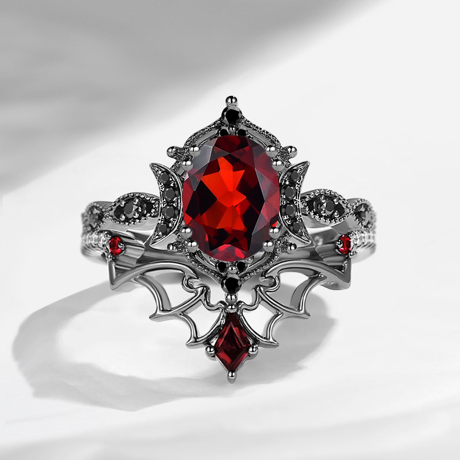 Crescent Moon | Vintage Inspired Oval Cut Garnet Black Gold Engagement Ring Set 2pcs