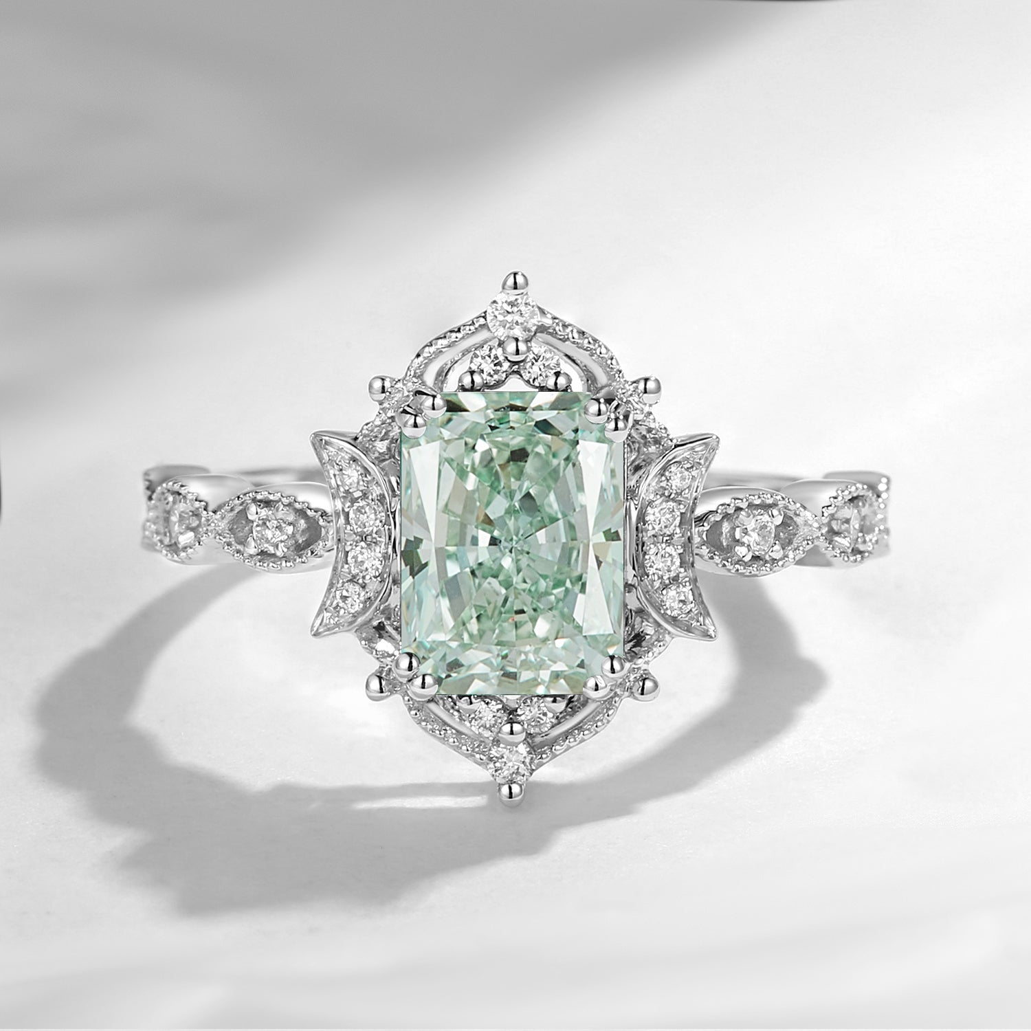 Crescent Moon | Vintage Style Green Lab Diamond Engagement Ring