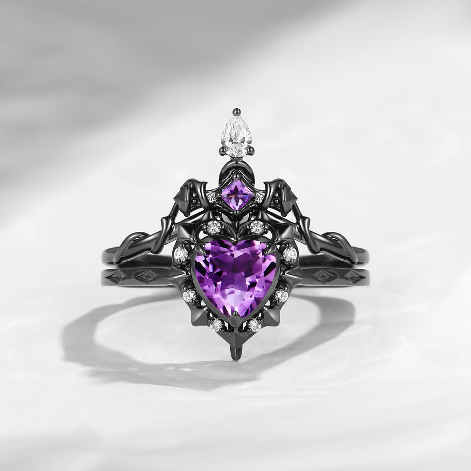 'Cupid's Arrow' - Heart Shaped Amethyst Heart Sword Ring Alternative Bridal Set