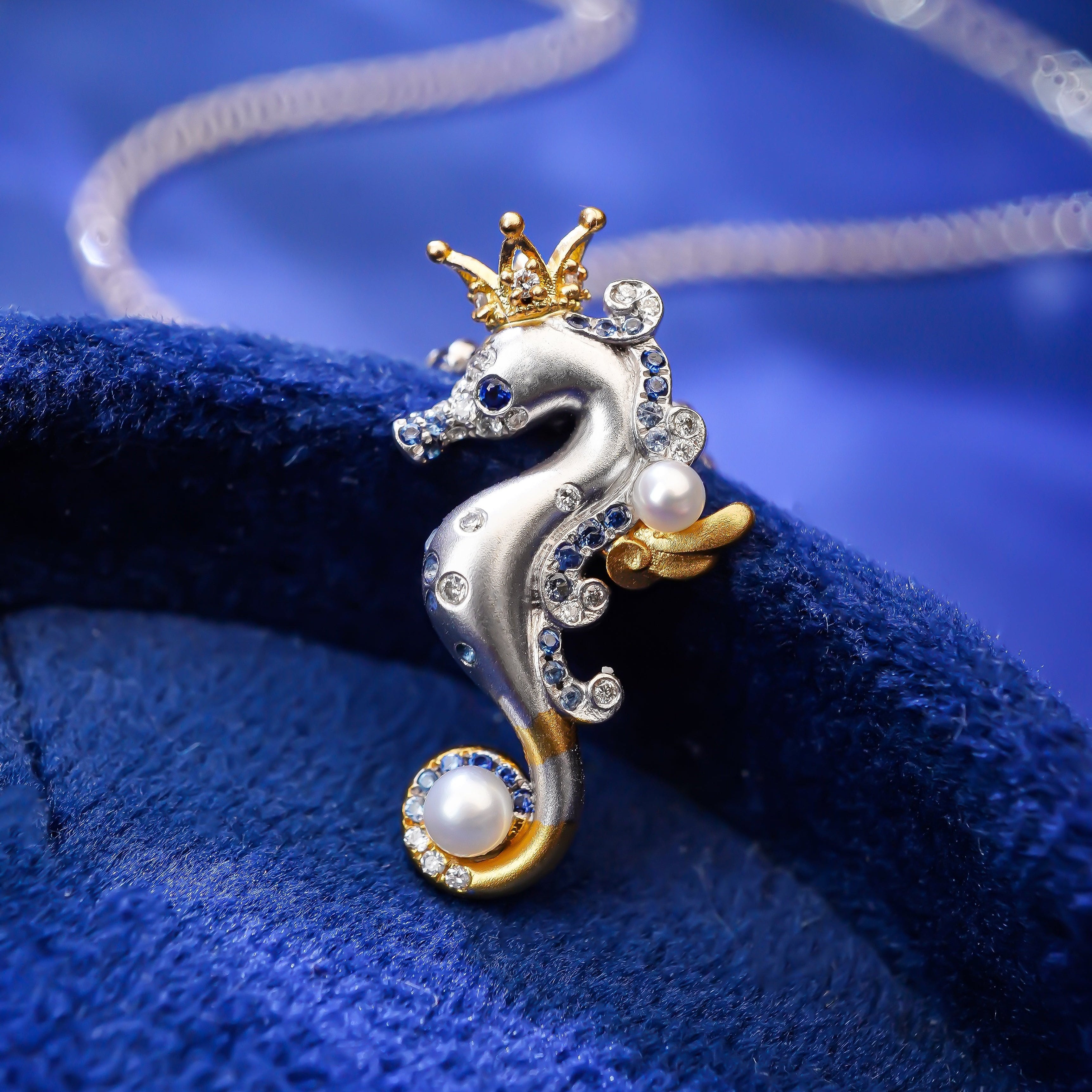 Art Deco Sapphire Freshwater Pearl Sea Horse Inspired Necklace - Ocean Fantasy