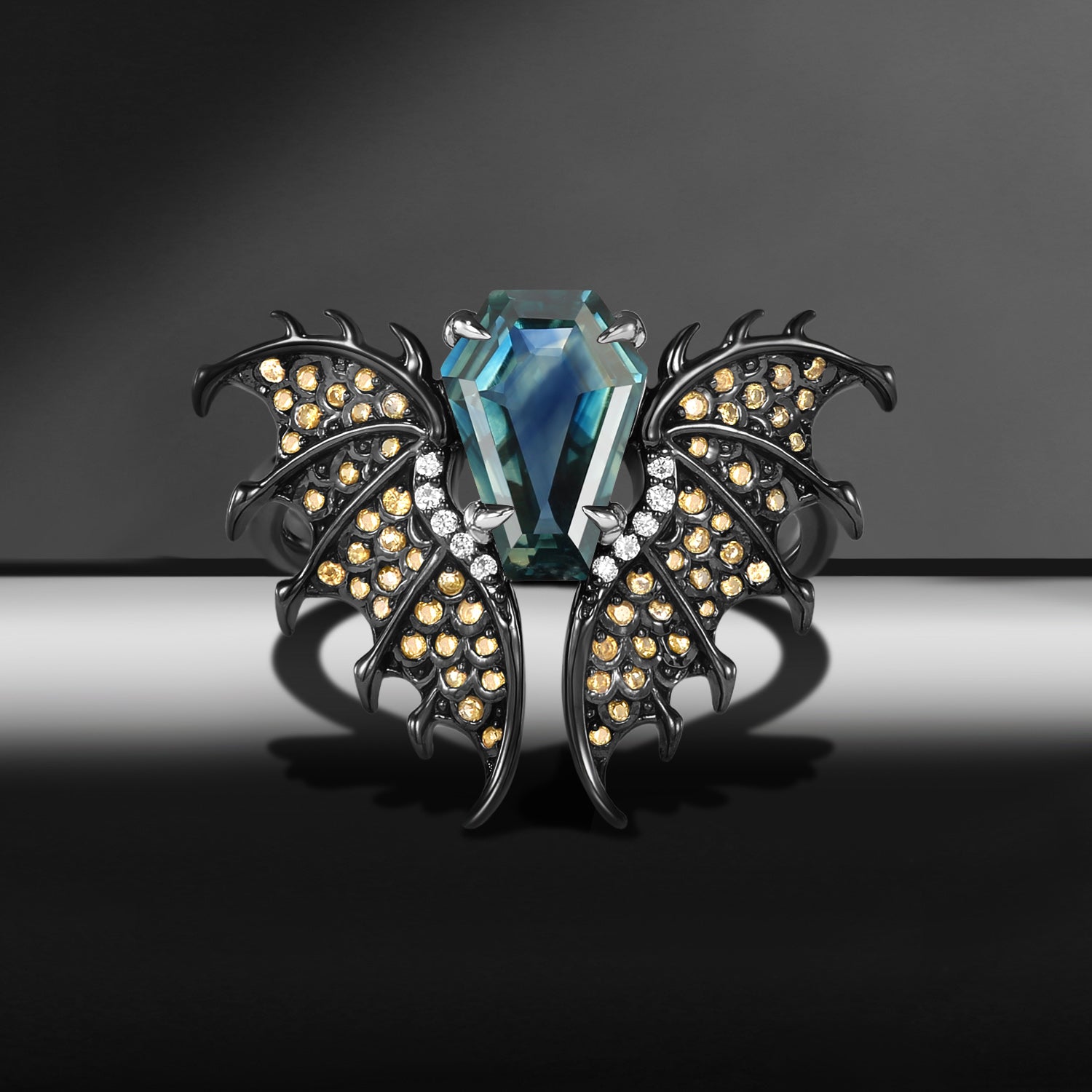 Dragon Ring - Gothic Dragon Inspired Coffin Natural Teal Sapphire Non-Traditional Long Engagement Ring