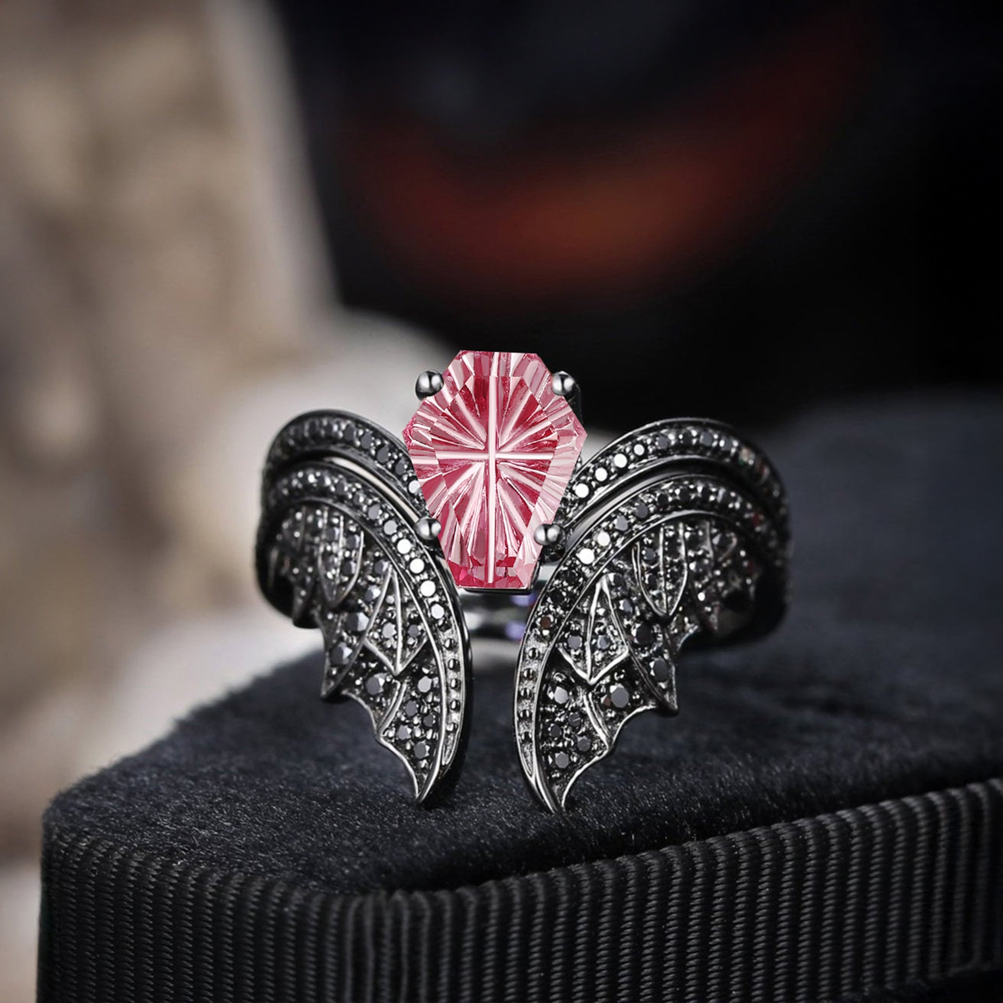 Firework Cut Natural Pink Tourmaline Coffin Black Gold Bridal Set 2pcs - Bat Ring