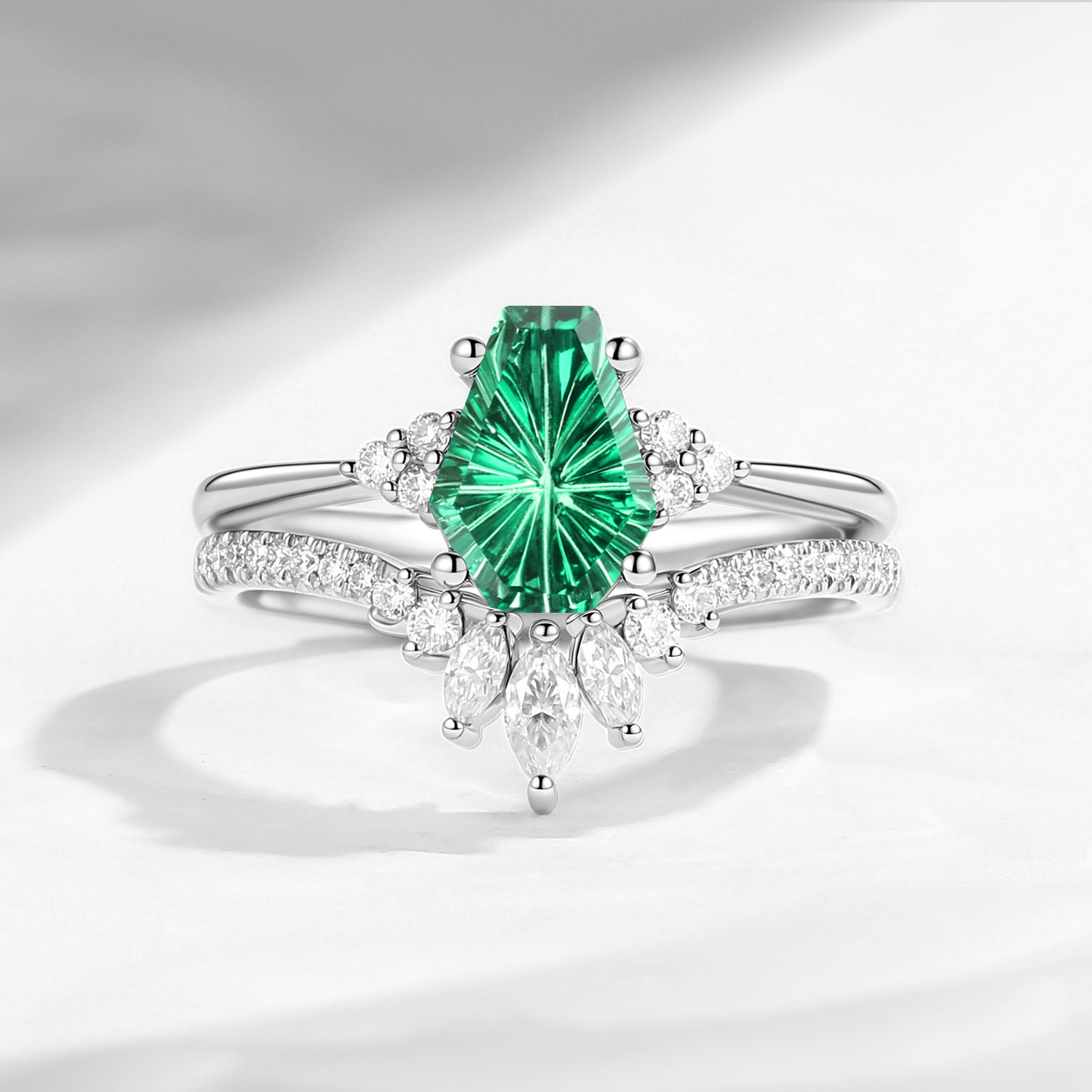 Firework Cut Coffin Lab Emerald Engagement Set 2pcs - White Dress