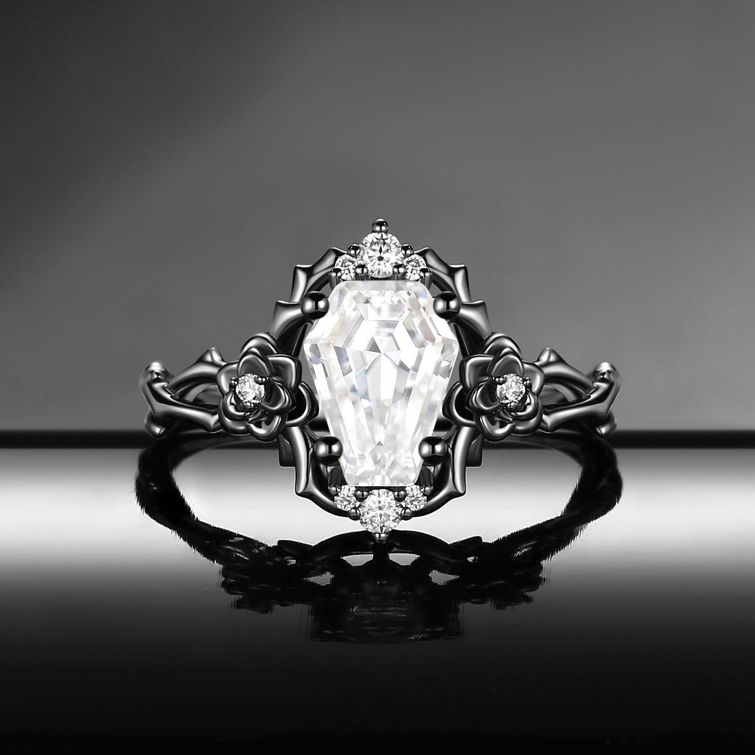 Garden Of Eden Nature Inspired ‘Thorns & Roses’ Gothic Coffin Cut Moissanite Black Gold Engagement Ring