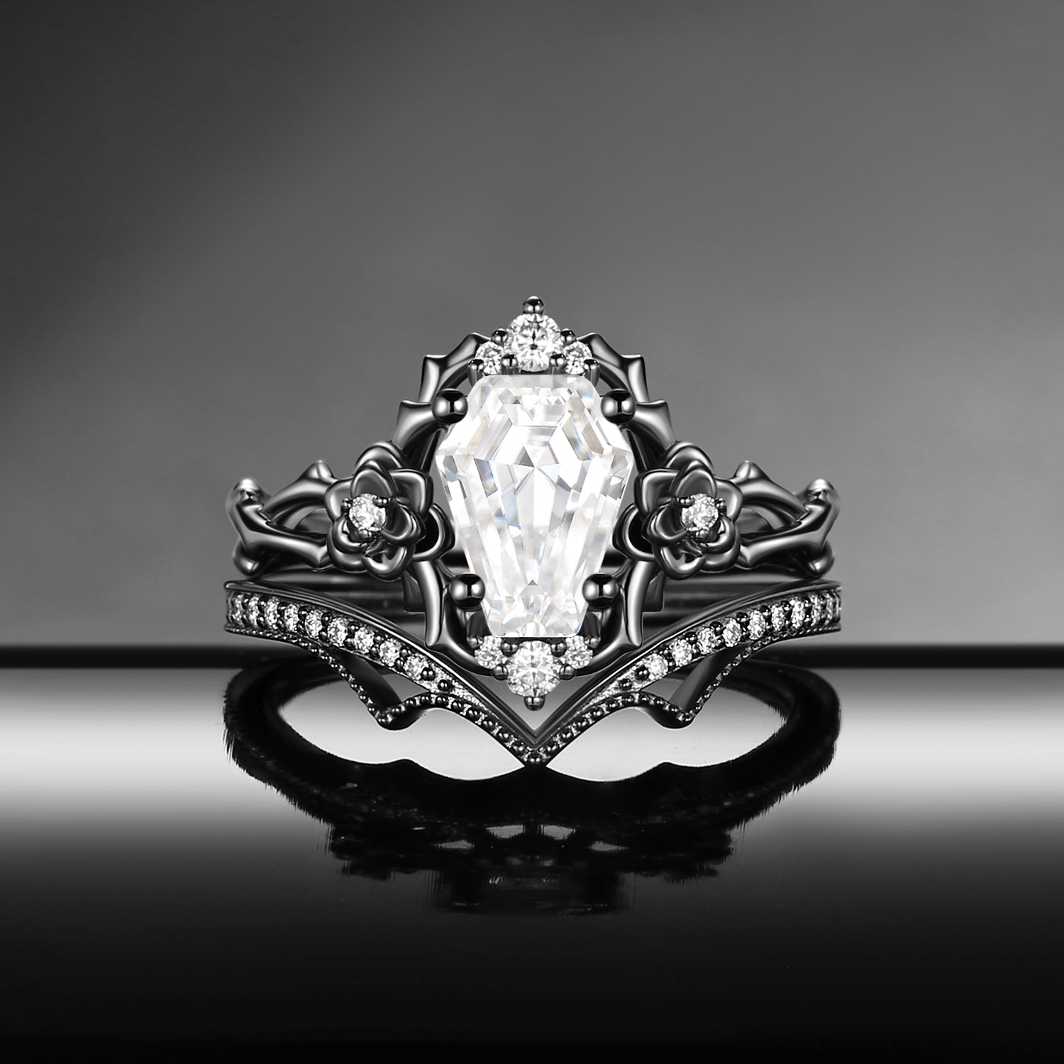 Garden Of Eden Nature Inspired ‘Thorns & Roses’ Gothic Coffin Cut Moissanite Black Gold Engagement Ring Set 2pcs