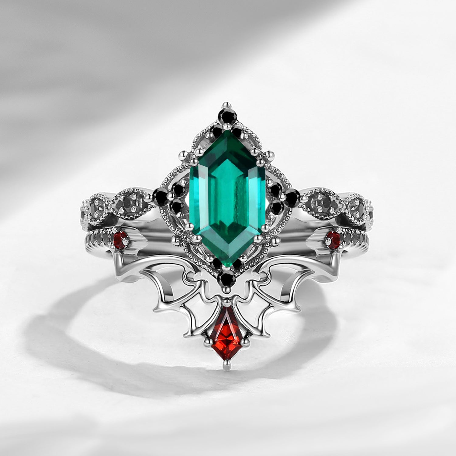 Gothic Bat Inspired Long Hexagon Cut Lab Emerald Engagement Ring Set 2pcs