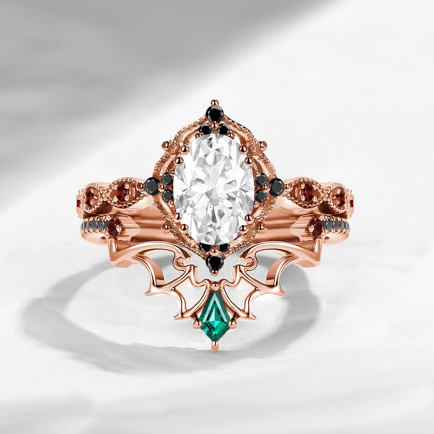 Gothic Bat Inspired Vintage Oval Cut Moissanite Engagement Ring Set 2pcs