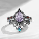 Gothic Fantasy Cut Pear Shaped Amethyst 'Dark Romance' Black Gold Engagement Ring Set 2pcs