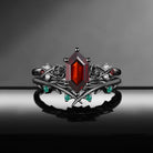 Gothic Nature Inspired Long Hexagon Garnet & Lab Emerald 'Thorns & Roses' Engagement Ring Set 2pcs