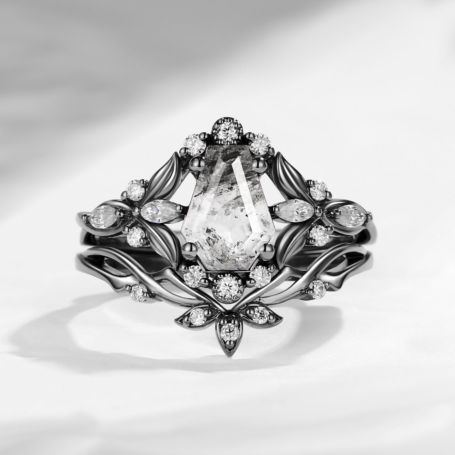 Gothic Coffin Cut Herkimer Diamond Nature Inspired Engagement Ring Set 2pcs