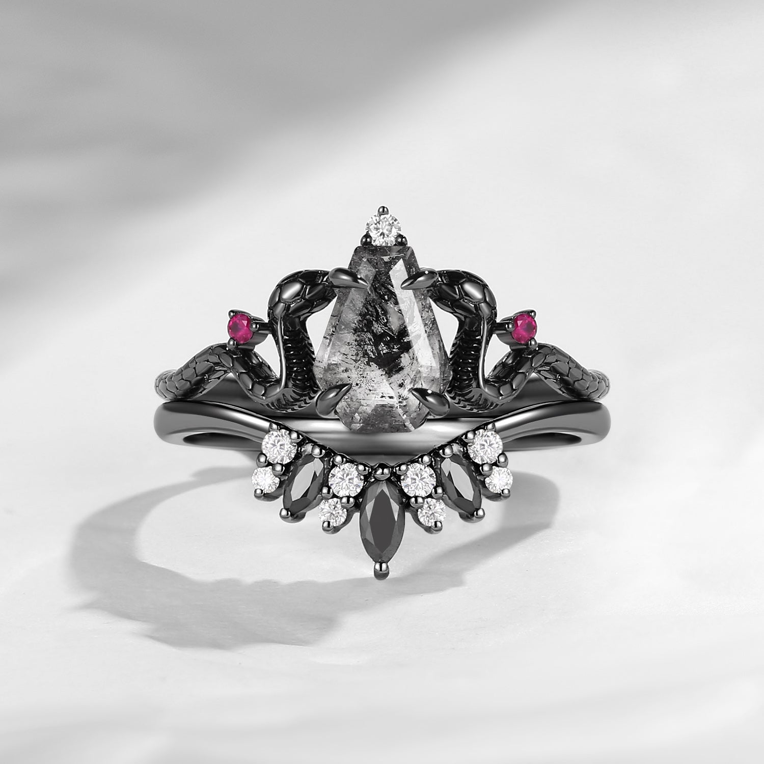 Gothic Coffin Cut Herkimer Diamond Snake Engagement Ring Set 2pcs - Serpent's Embrace