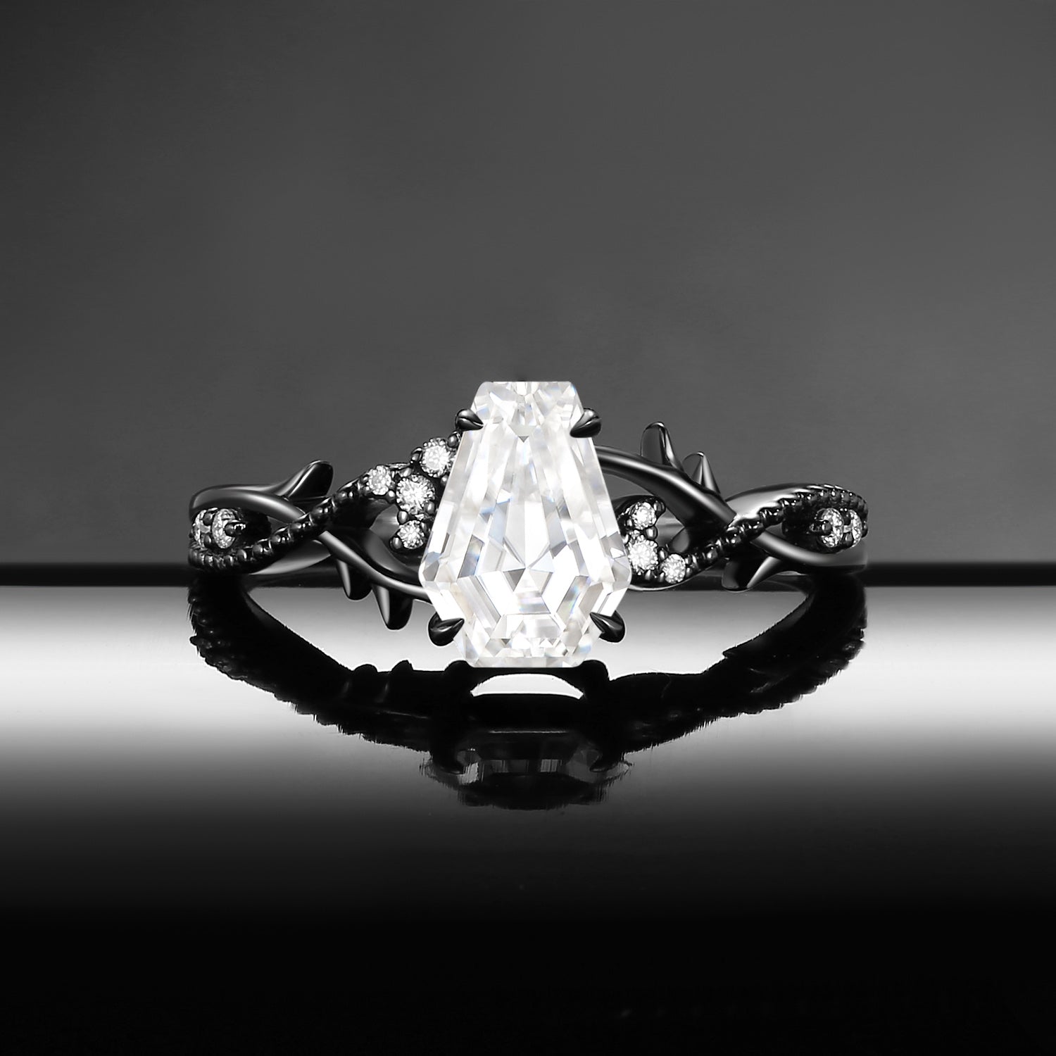 Gothic Inspired Coffin Cut Moissanite Black Gold Vines & Thorns Engagement Ring