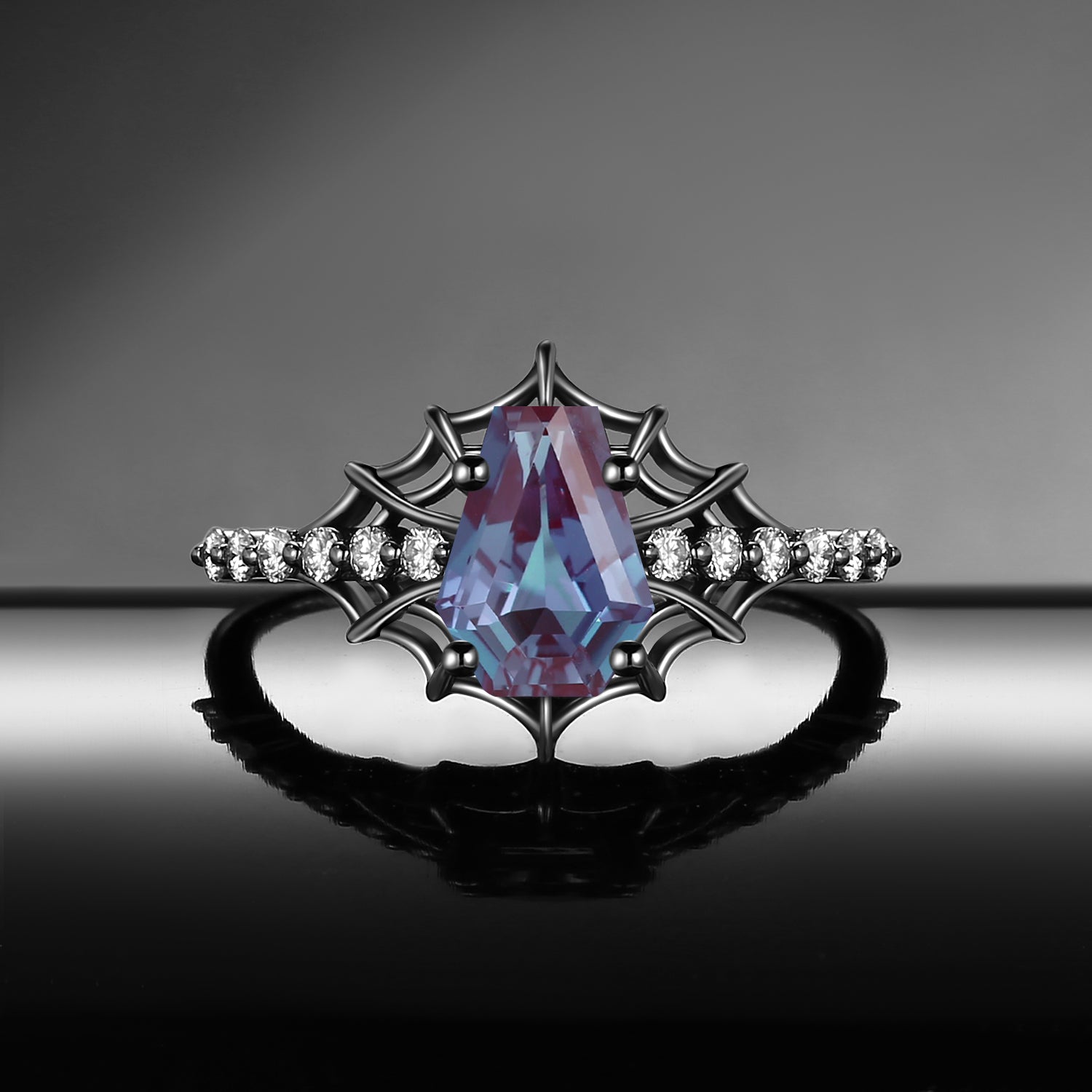 Gothic Inspired Coffin Lab Alexandrite Spider Web Black Gold Engagement Ring