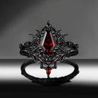 Gothic Inspired Coffin Shaped Garnet Black Gold Milgrain Engagement Ring Set 2pcs - Bat Romance