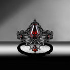 Gothic Inspired 'Dark Romance' Coffin Shaped Garnet Black Gold Engagement Ring Set 2pcs