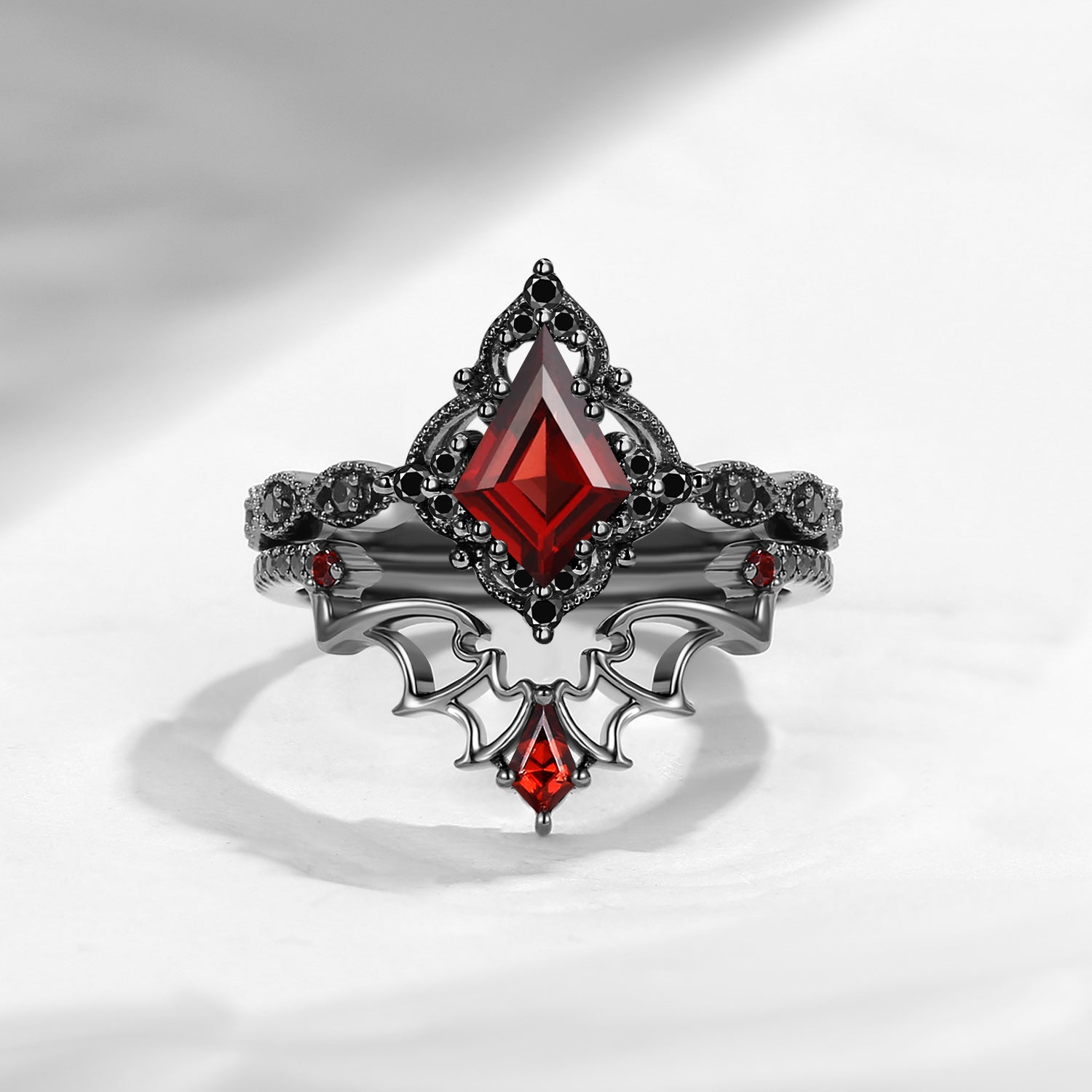 Gothic Inspired 'Dark Romance' Kite Cut Garnet Black Gold Engagement Ring Set 2pcs