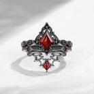 Gothic Inspired 'Dark Romance' Kite Cut Garnet Black Gold Engagement Ring Set 2pcs