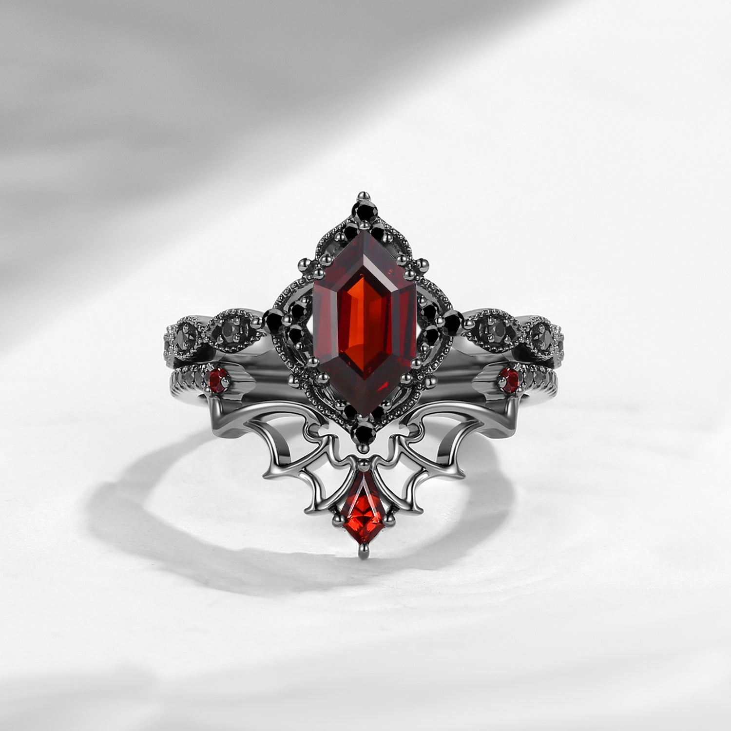 Gothic Inspired 'Dark Romance' Long Hexagon Cut Garnet Black Gold Engagement Ring Set 2pcs