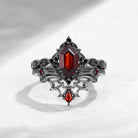 Gothic Inspired 'Dark Romance' Long Hexagon Cut Garnet Black Gold Engagement Ring Set 2pcs