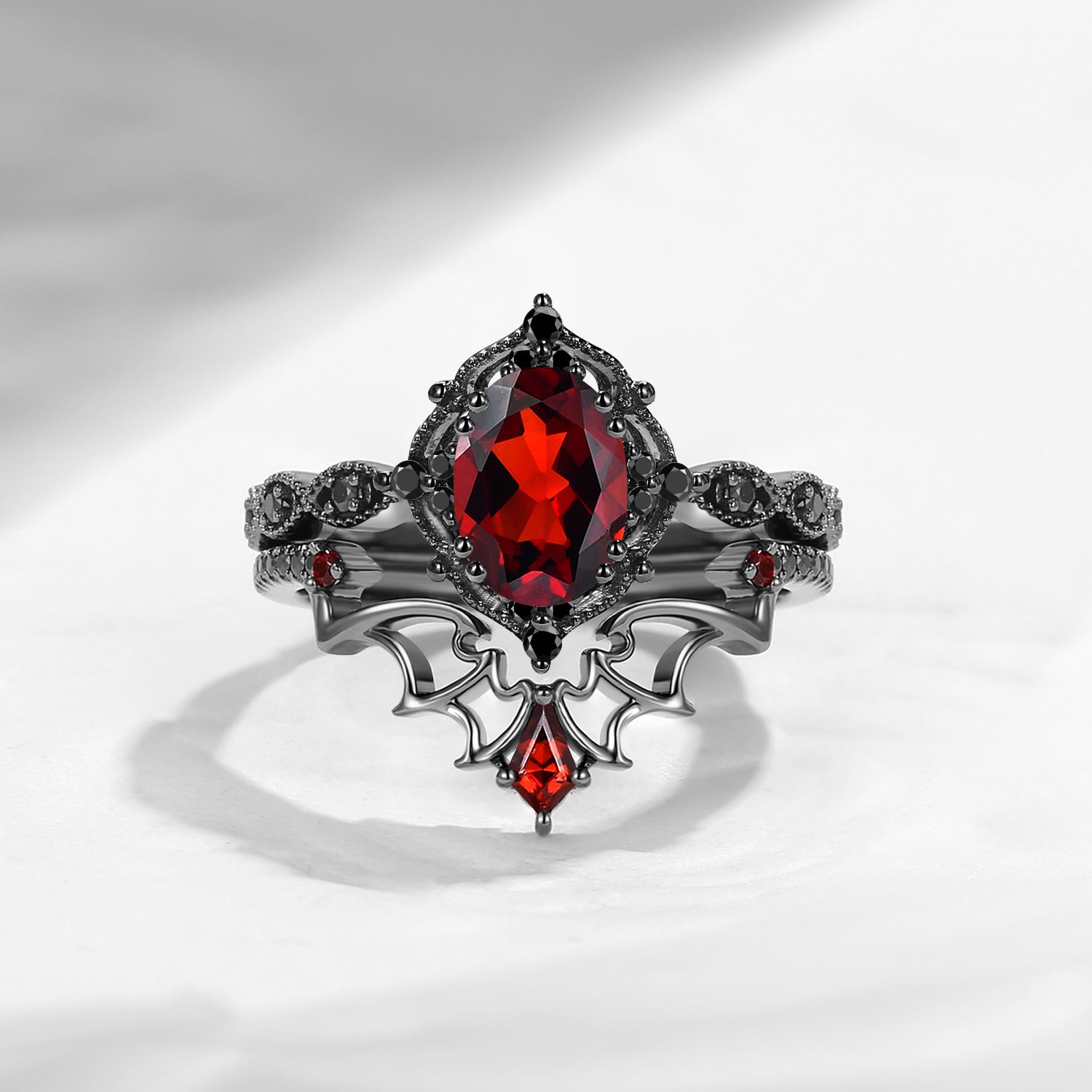 Gothic Inspired 'Dark Romance' Oval Cut Garnet Black Gold Engagement Ring Set 2pcs