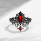 Gothic Inspired 'Dark Romance' Oval Cut Garnet Black Gold Engagement Ring Set 2pcs
