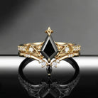 Gothic Inspired Kite Cut Black Moissanite Unique Engagement Ring Set 2pcs - Bat Ring