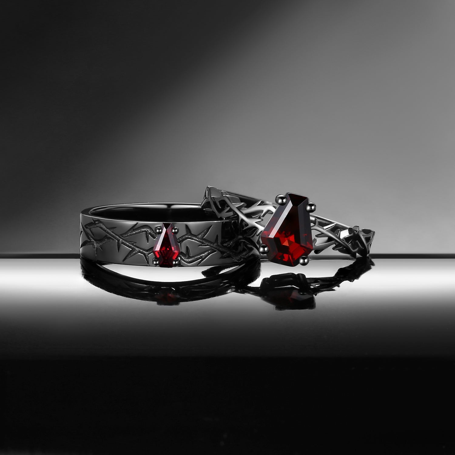 Gothic Inspired 'Thorns & Roses' Coffin Cut Garnet Couple Rings 2pcs