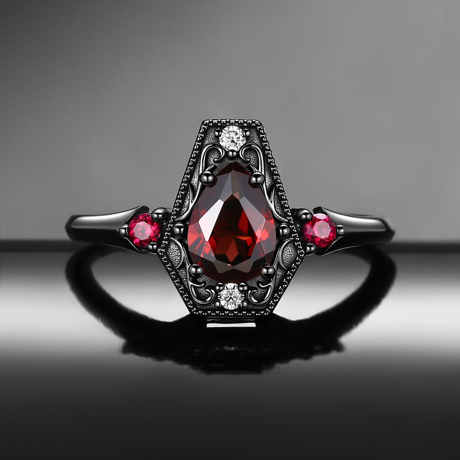 Gothic Pear Cut Garnet Vampire 'Fallen Aegis' Engagement Ring