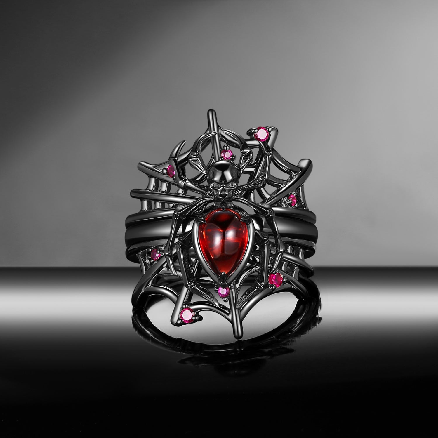 Gothic Pear Shaped Garnet Spider Inspired 'Disturbia' Cage Engagement Ring Set 2pcs