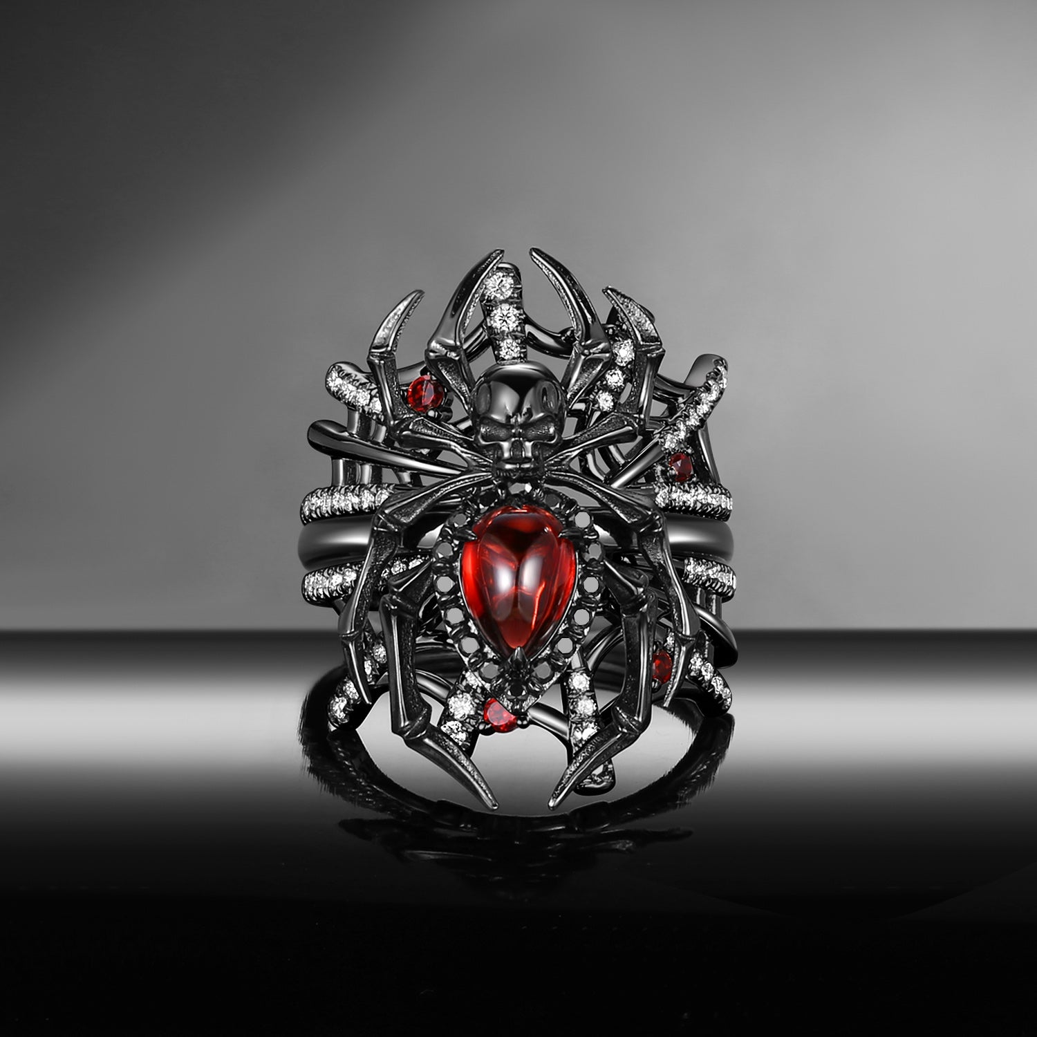 Gothic Pear Shaped Garnet Spider Inspired 'Disturbia Deluxe' Cage Engagement Ring Set 2pcs