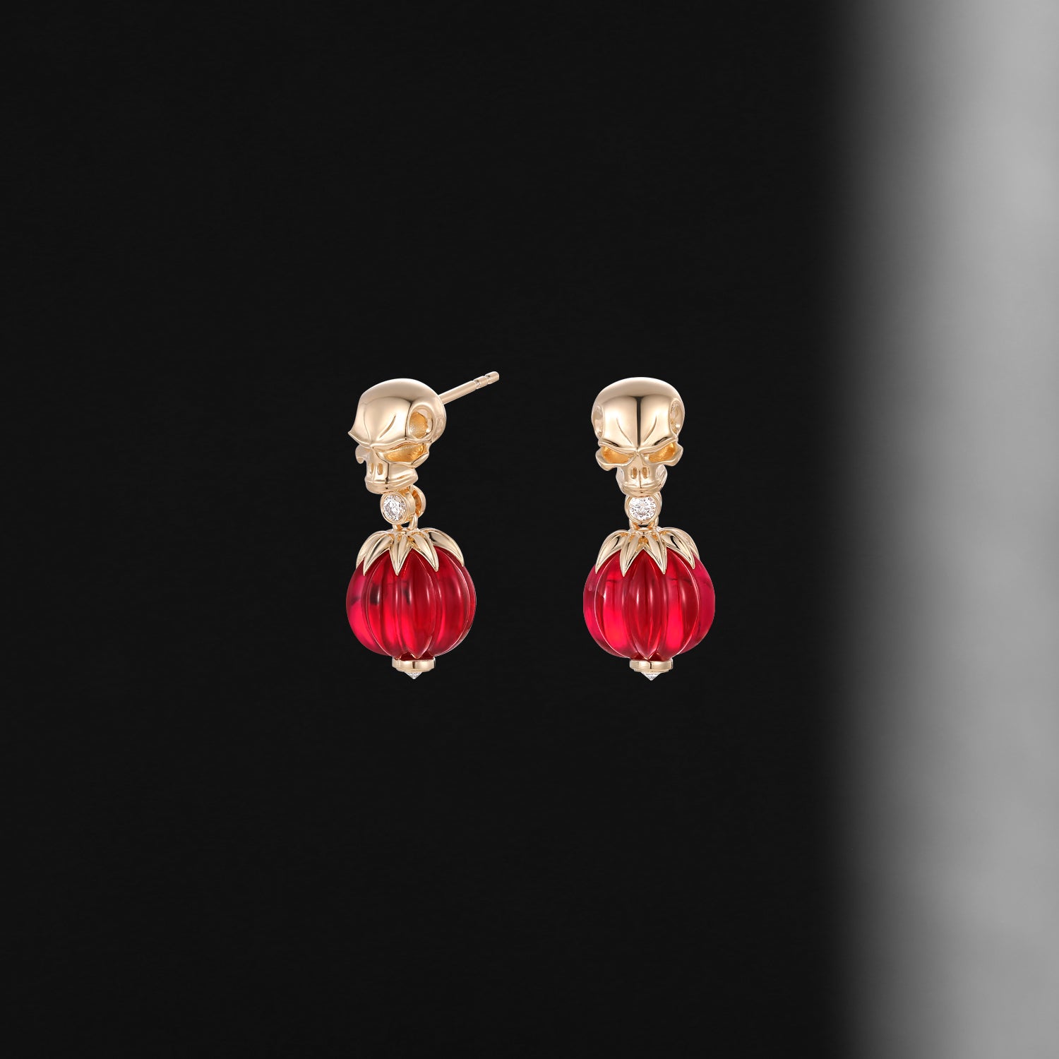 Gothic Skull & Pumpkin Shaped Lab Ruby Halloween Stud Earrings