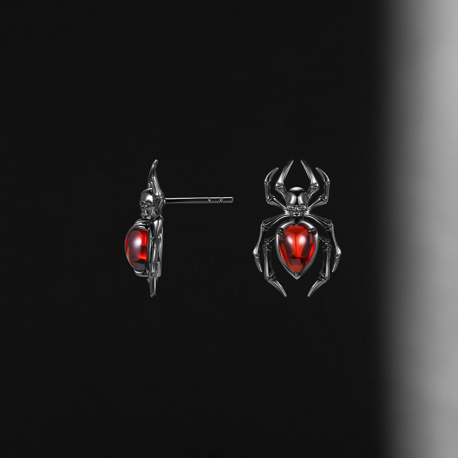 Gothic Spider & Skull Pear Shaped Garnet Halloween Stud Earrings