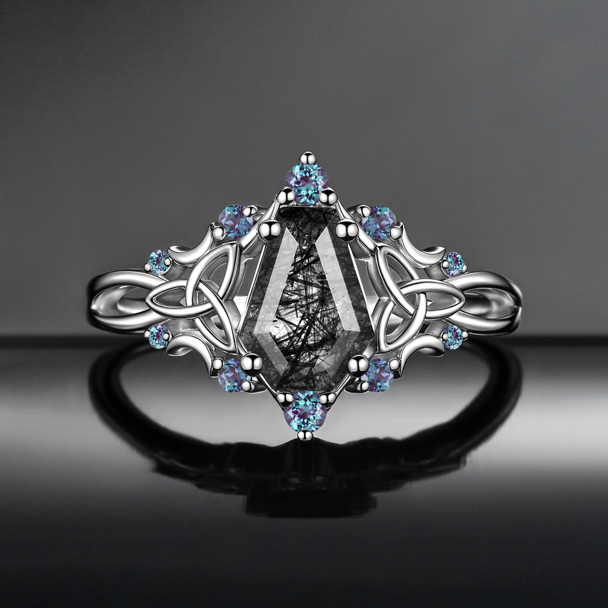 Gothic Style Coffin Black Rutilated Quartz Celtic Moon Engagement Ring