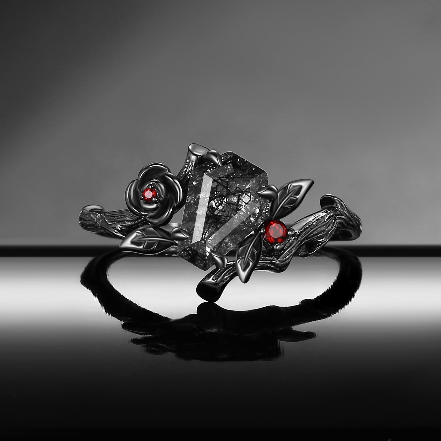 Gothic Style Coffin Cut Black Rutilated Quartz Nature Inspired 'Thorns & Roses' Engagement Ring