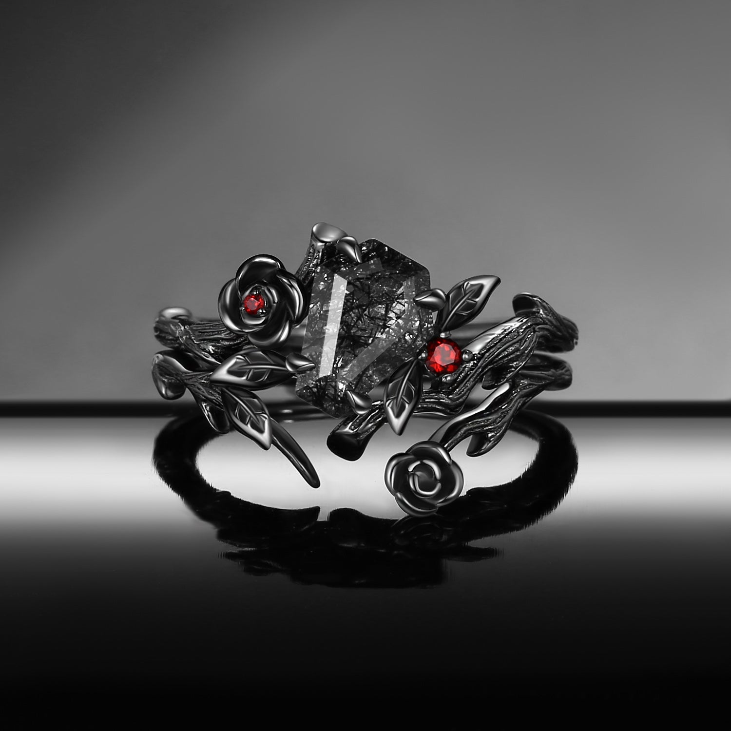 Gothic Style Coffin Cut Black Rutilated Quartz Nature Inspired 'Thorns & Roses' Engagement Ring Bridal Sets 2pcs