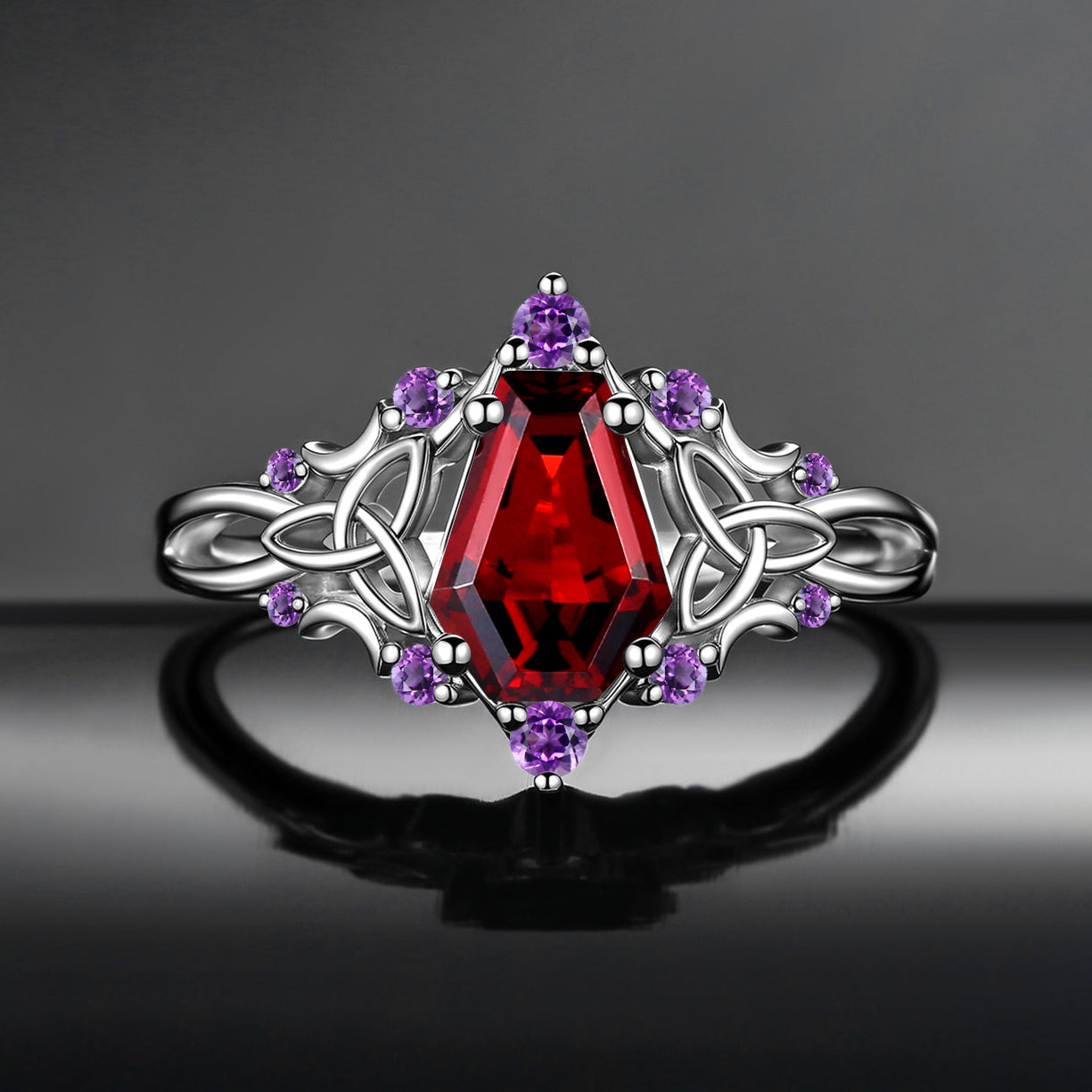 Gothic Style Coffin Cut Garnet Celtic Moon Engagement Ring