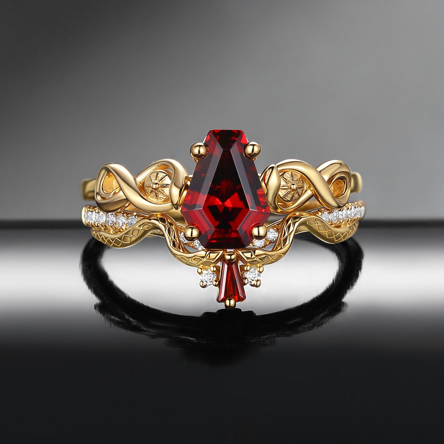 Gothic Style Coffin Cut Garnet Infinity Twist Snake Engagement Ring Set 2pcs - Serpent's Embrace