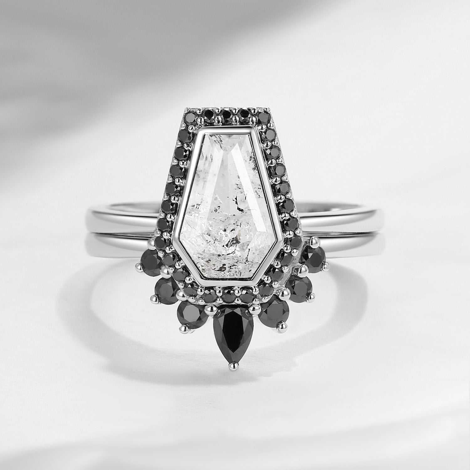 Gothic Style Coffin Cut Herkimer Diamond Engagement Ring Set 2pcs - Goth Girl