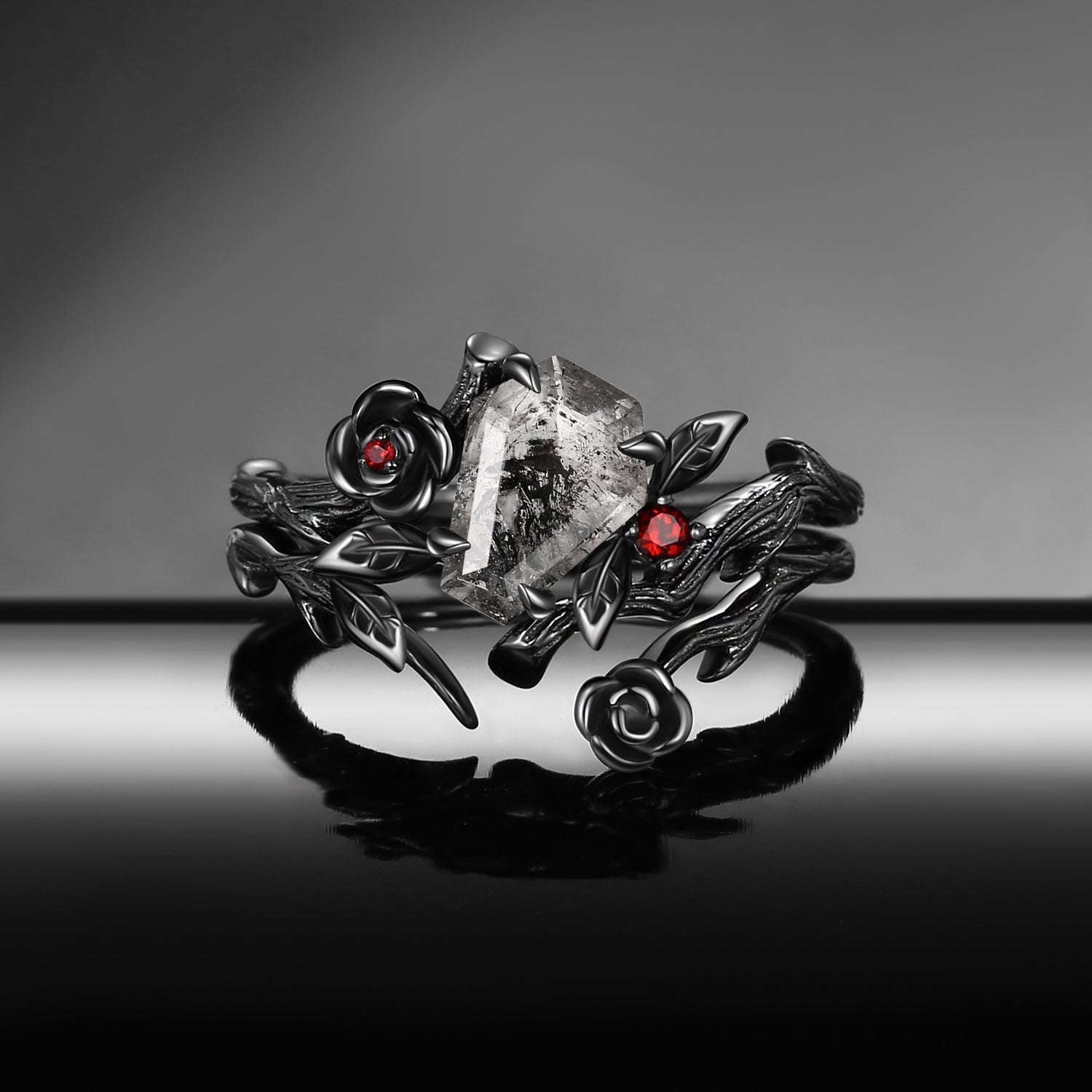 Gothic Style Coffin Cut Herkimer Diamond Nature Inspired 'Thorns & Roses' Engagement Ring Bridal Set 2pcs