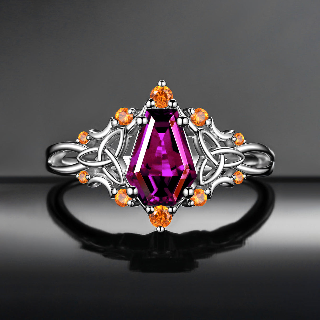 Gothic Style Coffin Purple Garnet Celtic Moon Engagement Ring