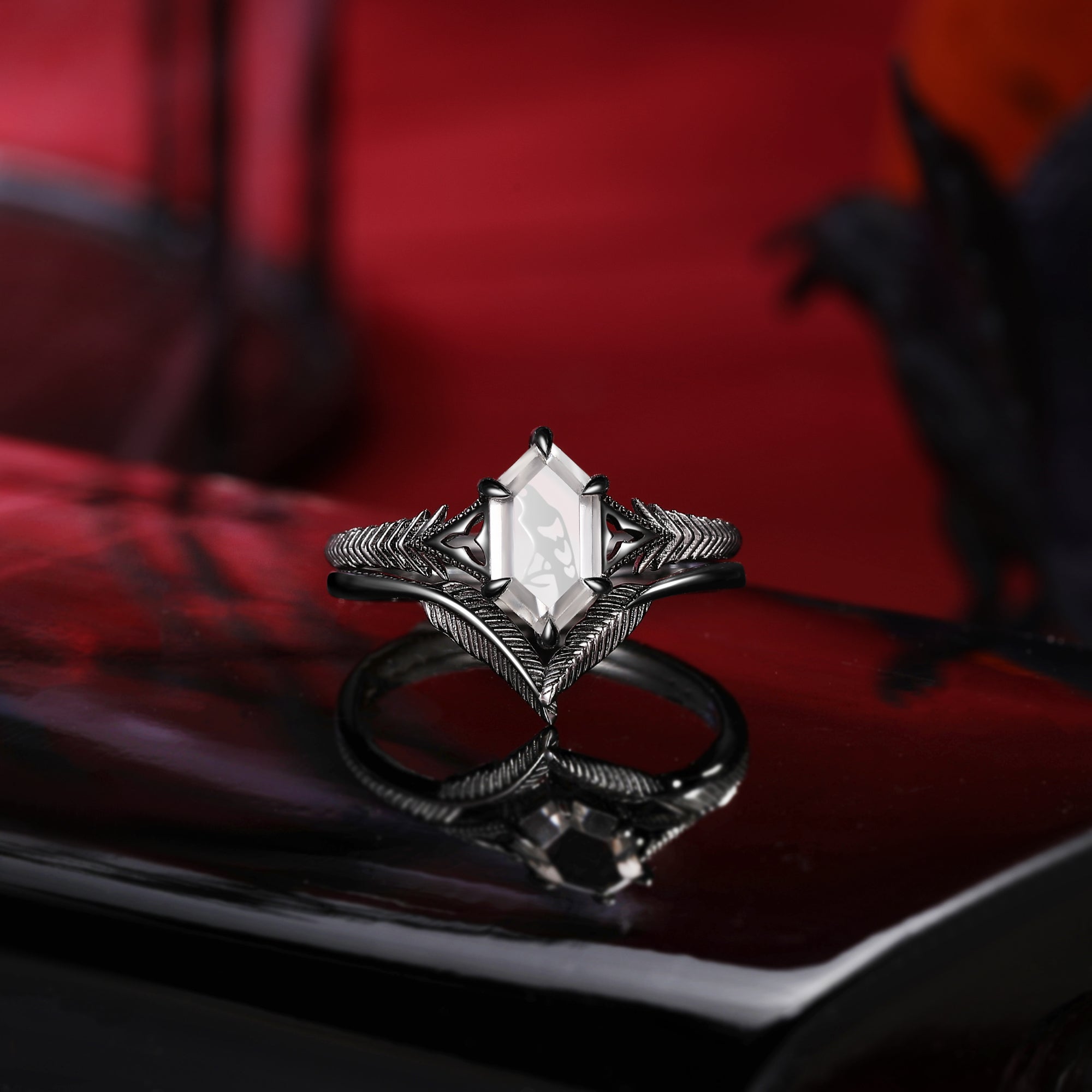 Gothic Style Dark Crow Inspired 'Caged Bird' Long Hexagon Cut Moissanite Halloween Engagement Ring Bridal Sets 2pcs