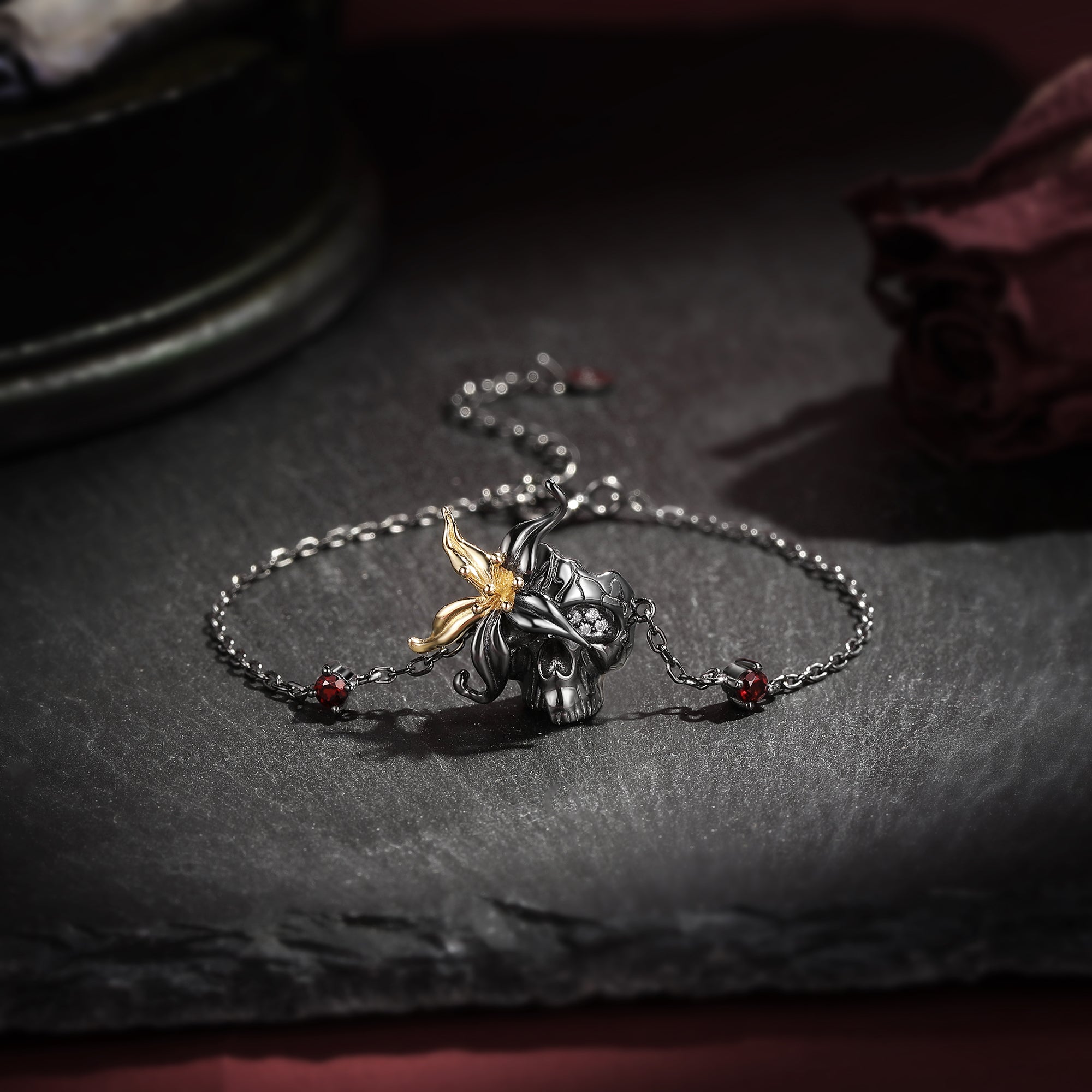 Gothic Style Flower Inspired Skull & Skeleton Two-Toned Halloween Bracelet