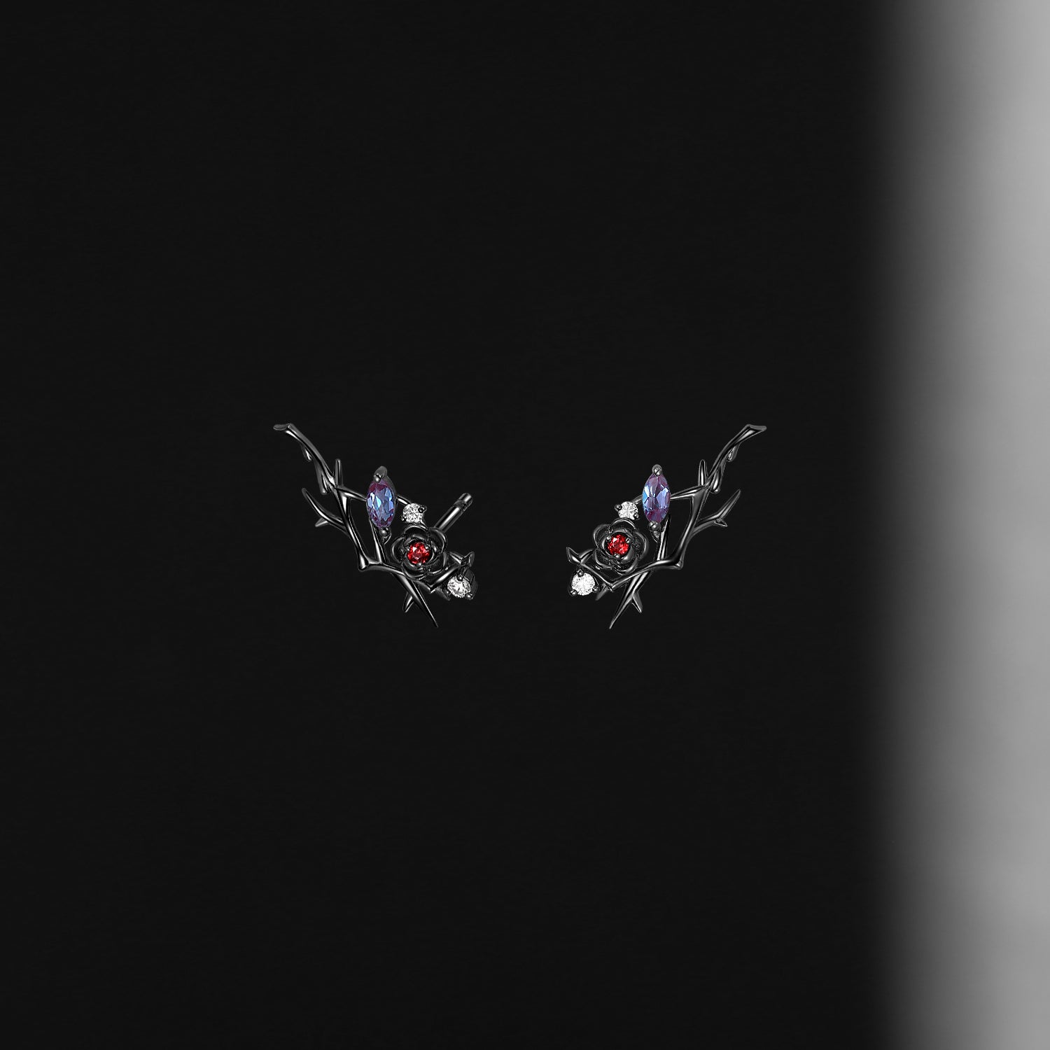 Gothic Style Nature Inspired 'Thorns & Roses' Garnet Flower Halloween Stud Earrings