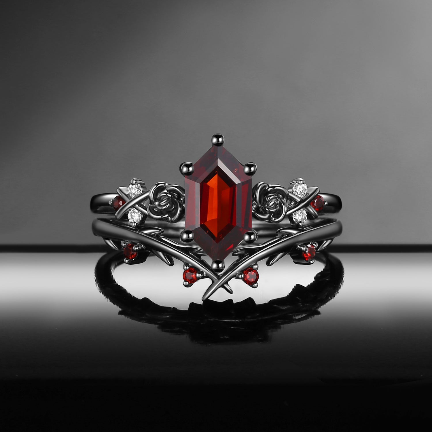 Gothic Style Nature Inspired 'Thorns & Roses' Long Hexagon Garnet Engagement Ring Set 2pcs